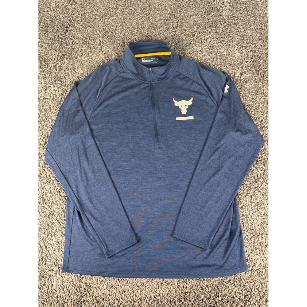 Under Armour Project Rock Mens XL Blue HeatGear 1/4 Zip Pullover Brahma Bull